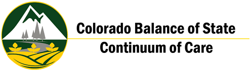 BoS CoC Logo - Background of mountains with a river flowing in to the Plains of Colorado. Balance of State Continuum of Care.