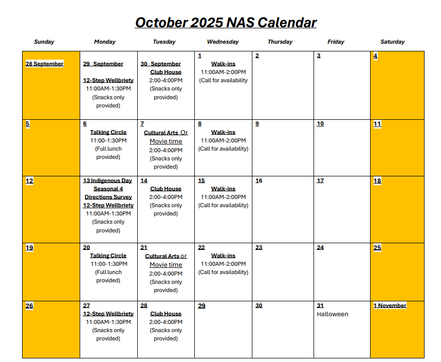 OCTOBER NAS Calendar