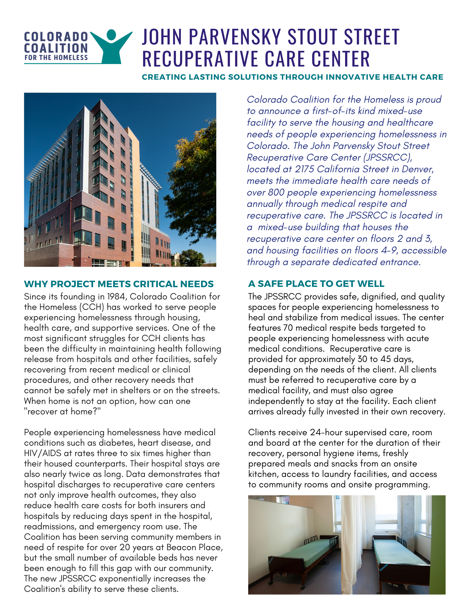 front page of informational pdf on recuperative care center at CCH